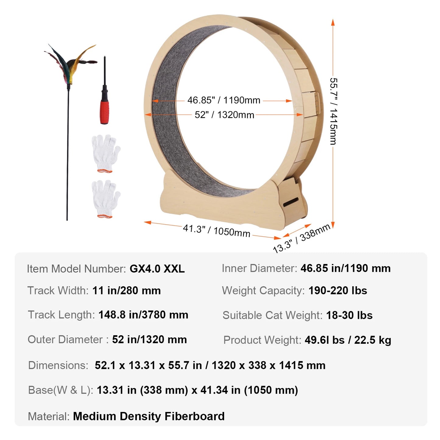 Wooden Cat Exercise Wheel Large Cat Treadmill Wheel for Indoor Cat Running Wheel with Detachable Carpet& Cat Teaser